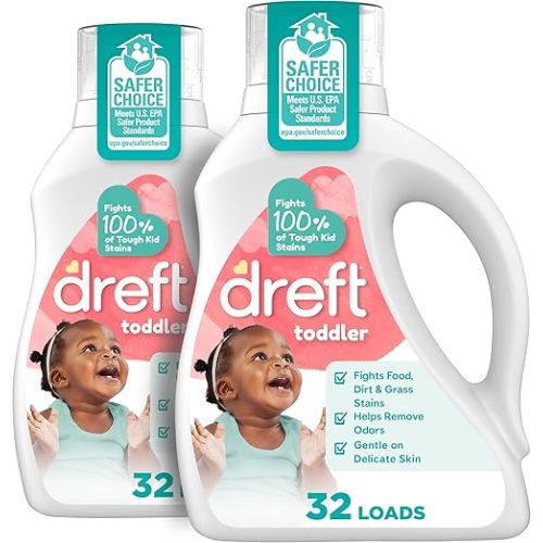 Dreft Toddler Liquid Laundry Detergent, Gentle on Sensitive Skin Laundry Soap, 42 fl oz, 32 Loads, Pack of 2 (Packaging May Vary)
