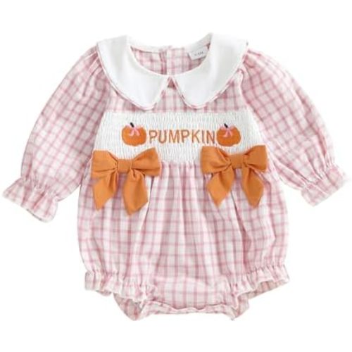 Baby Girl Halloween Outfit Pumpkin/Witch Hat Embroidery Plaid Long Puff Sleeve Smocked Bubble Romper Fall Clothes