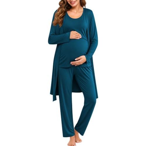 SWOMOG Maternity Nursing Robe Set 3 PCS Women Postpartum Pajamas Breastfeeding Labor Delivery Hospital Pregnancy Pjs