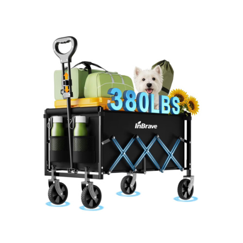 Collapsible Wagon Cart Foldable Beach Wagon with All-Terrain Wheels - 380 LBS Heavy Duty Grocery Cart for Shopping, Beach, Camping, Sports, Garden (Black)