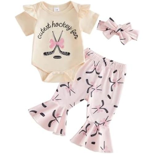 3pcs Baby Girl Hockey Outfit Short Sleeve Cutest Hockey Fan Romper Flare Pants Headband Newborn Game Day Clothes