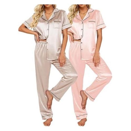 Ekouaer 2 Pack Silk Pajamas for Women Short Sleeve Button Down Satin Pajama Set for Women Soft Pjs Loungewear Champagne/Pink M