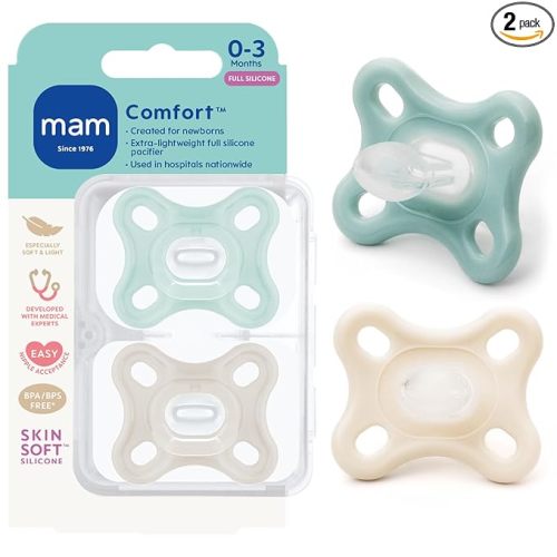 MAM Comfort Baby Pacifier 0-3 Months Specially for Smaller Newborn Mouths, Lightweight One-Piece BPA-Free Silicone, Easy to Clean, Best for Breastfed Babies, 2 Pk, Sterilizer Case, Made in Europe