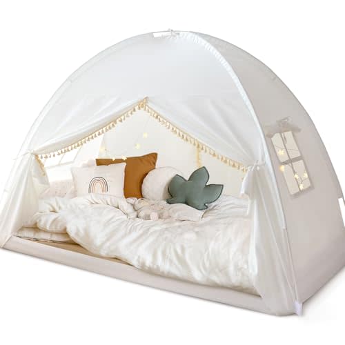 Razee Twin Bed Tent for Kids, Twin Size Toddler Canopy Indoor Princess Playhouse Privacy Tents on Bunk Bed Sleep for Girls Boys, Kid Toys for Birthday Gift, Bohemian Tassel, White