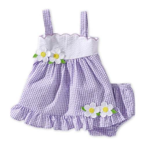 Rare Editions Baby Girls Sleeveless Solid/Seersucker Daisy Applique Scallop Trim Fit-And-Flare Dress