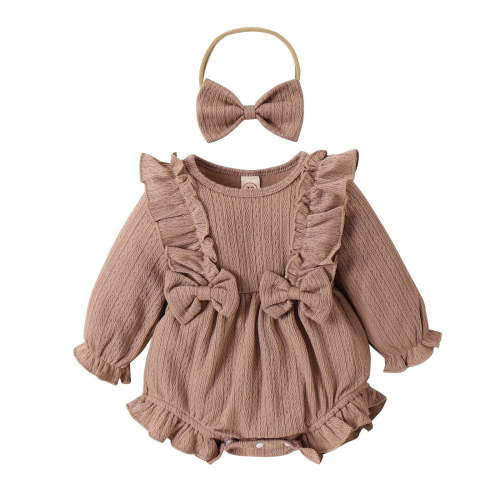 Conairie Baby Girl Bodysuit Solid Color Onesie Long Sleeve Romper My First Baby Girl Outfit with Headband Coffee 3-6 M