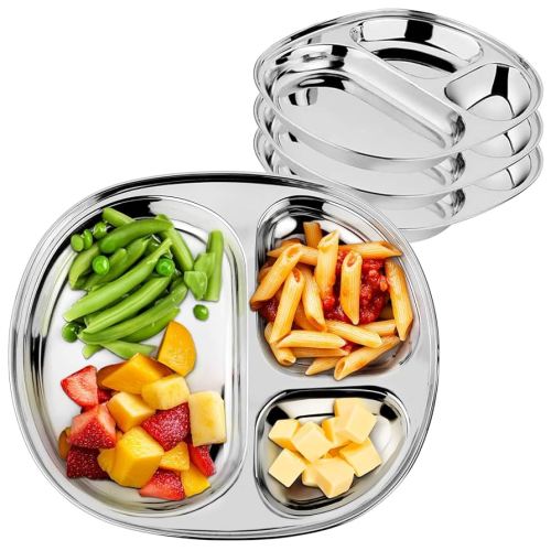 Ahimsa Stainless Steel Plates for Kids - Divided Plates for Toddlers, Pediatrician Designed, Non Toxic Toddler Plate, Camping Plate, BPA Free & Dishwasher Safe (Set of 4)