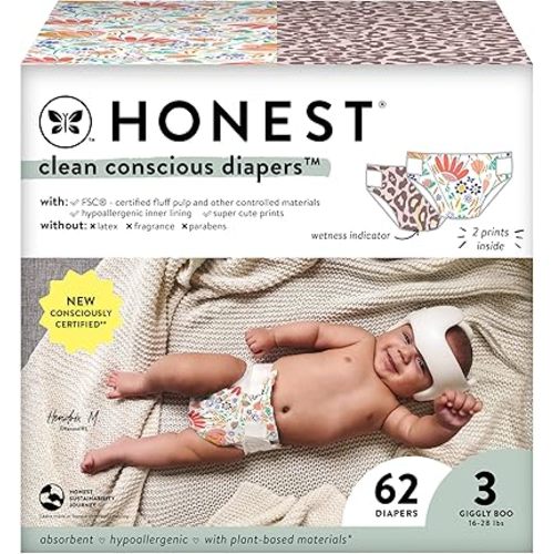 The Honest Company Clean Conscious Diapers for Sensitive Skin | Hypoallergenic, Fragrance Free | Girl Prints | Club Box, Size 3 (16-28 lbs), 62 Count