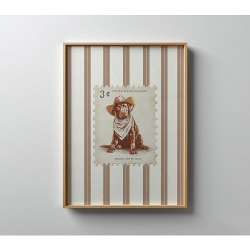 Cowboy Dog Print Vintage Stamp Home Decor Wall Art Rustic Mid West Striped Trendy Poster Western Retro Pet Aesthetic Living Room Print Gift