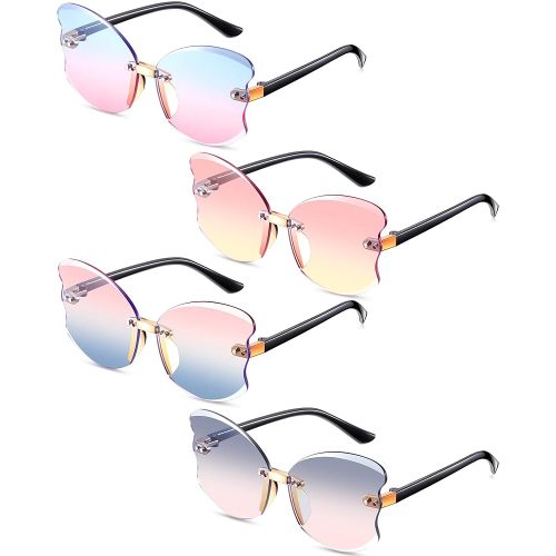 Coume 4 Pairs Kid Toddler Girls Sunglasses Rimless Butterfly Shaped Pink Trendy Cute Fairy Transparent Vintage 90s Sunglasses Outdoor Beach Eyewear