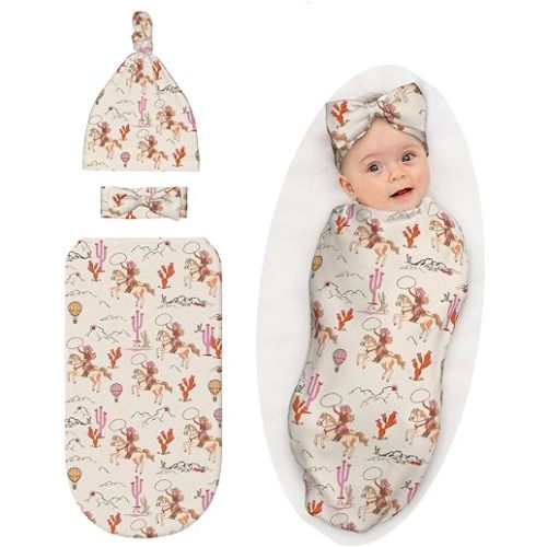 Western Baby Stuff Swaddle Blanket with Headband and Beanie Set, Western Style Blanket Infant Shower Gift for Boys Girls