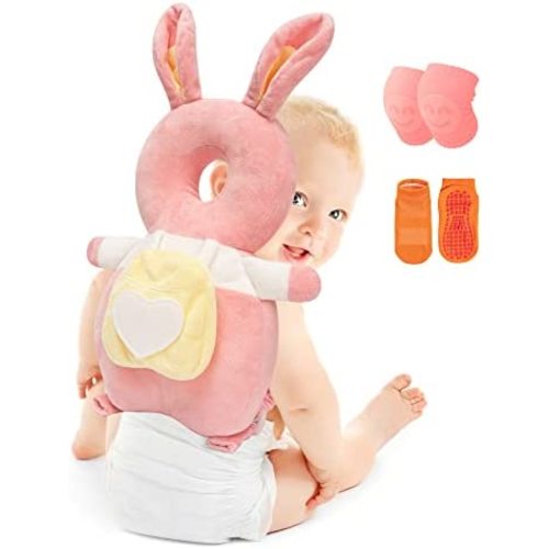 Baby Head Protector Backpack Toddler Head Protection Pillow Baby Cushion with Knee Pads&Anti-Slip Socks (Rabbit - Crystal Velvet)