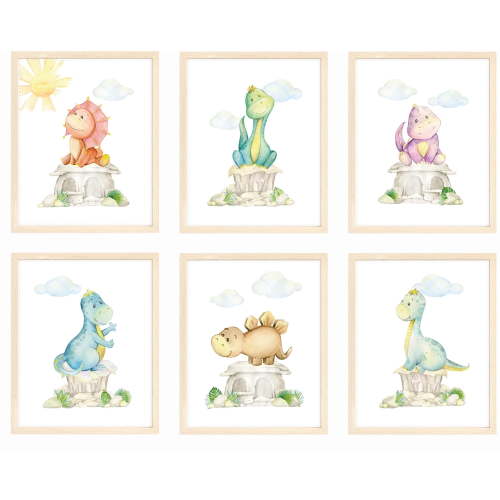 Nistio® Dinosaur Nursery Wall Prints, Play Room Decoration For Boy, Nursery Wall Art, Nursery Room Decor, Dinosaur Room Decor For Boys, Unframed, Set of 6 Prints, 8x10