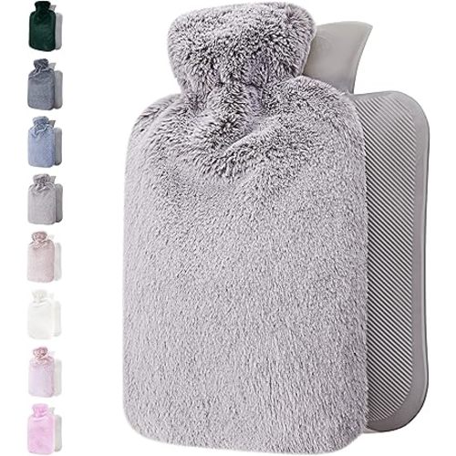 Hot Water Bottle - with Soft Premium Fleece Cover - Light Gray, 2L - Heating Pad for Menstrual Cramps and Period Comfort - Bed Foot Warmer - Hot & Cold Compress for Back, Stomach, Neck Pain Relief