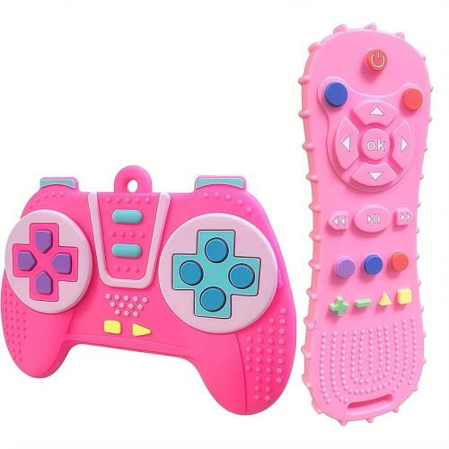 AALFA Baby Teething Toy, Soft TV Remote+Game Machine Shape Chew Set Intellectual Development Intellectual Development Educational Toy,Safe Silicone Toddler Infant (Pink (Handle+Remote Control))