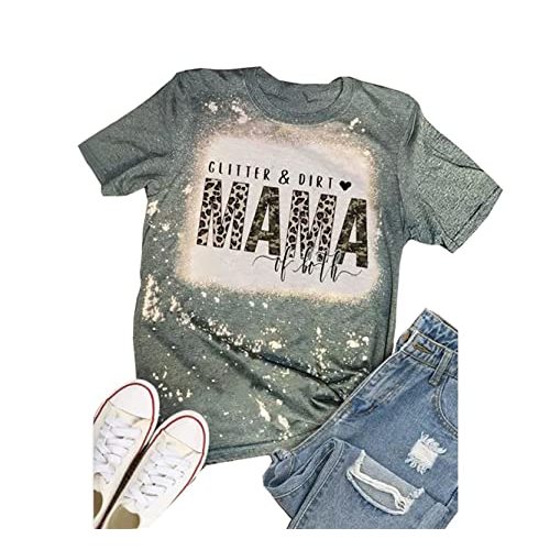 Glitter & Dirt Mama of Both T-Shirt Women Camouflage Leopard Graphic Mom Tees Vintage Bleached Letter Print Tops