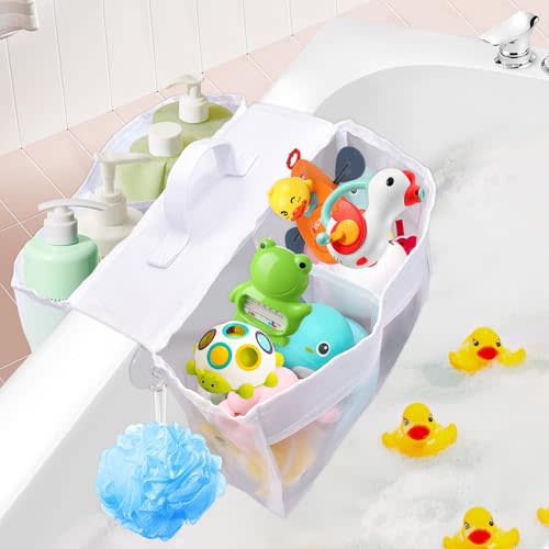 Cerpourt Baby Bath Toys Storage, Saddle Shape 4 Compartment Mesh Bath Toy Organizer, Quick Access Bathtub Toy Holder, Quick Dry Plastic & Polyester Material