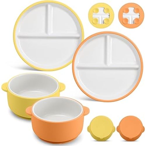 Domensi 4 Pcs Porcelain Kids Plates and Bowls Sets with Suction, 2 Ceramic Toddler Divided Plates 2 Baby Anti Slip Silicone Sleeve Bowls for Feeding Supplies Microwave Dishwasher Safe (Orange,Yellow)