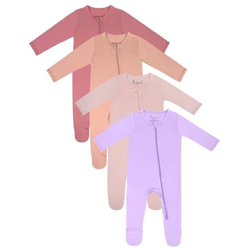 Jimonda Baby Boy Footies Pajamas, Bamboo Rayon Romper Long Sleeve Sleepers | Unixe Baby 2-Way Zipper Pajama,Non-Slip Footed pjs for 0-24 Month,4Packs,Ultra-Soft Stretchy Fabric,Skin-Friendly,All-Season