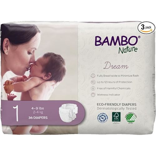 Bambo Nature Hypoallergenic Dream Baby Diapers, Premium Eco-Labeled Sustainable Diapers, Enhanced Leakage Protection, Totally Chlorine-free, Skin Friendly, and Super Absorbent - Size 1 (108 Count)