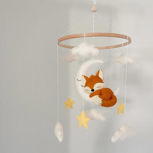 Fox on the Moon Baby Mobile | Woodland Nursery Mobile with Clouds and Stars | Felt Fox Crib Mobile | Neutral Baby Shower Gift