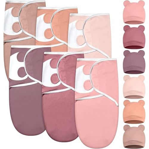 Ramede 6 Pack Baby Swaddle Blanket with Hats Sleep Swaddle for 0-3 Months Newborn Sacks Soft Cotton Wearable for Boy Girl