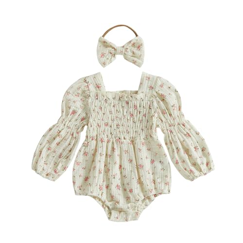 Kavousa Smocked Baby Girl Clothes Newborn Girl Bubble Romper Long Sleeve Jumpsuit And Headband Outfit Cute Infant Clothing