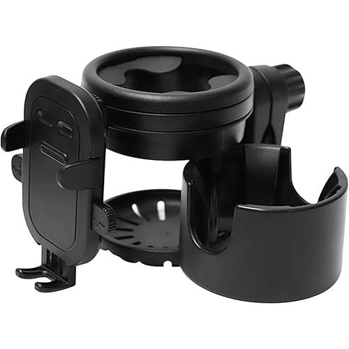 4-in-1 Universal Stroller Cup Holder with 360° Phone Mount - Adjustable Drink & Phone Holder for Strollers, Wheelchairs, Bikes, and Scooters 【Black】