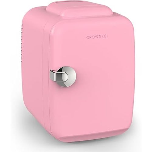 CROWNFUL Mini Fridge, 4 Liter/6 Can Portable Cooler and Warmer Personal Refrigerator for Skin Care, Cosmetics, Beverage, Food,Great for Bedroom, Office, Car, Dorm, ETL Listed (Pink)