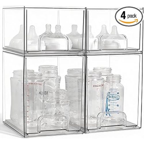 Baby Bottle Organizer, 4 Pack Clear Space-Saving Stackable Drawer | Baby Bottle Storage Organizer with Handle for Countertop and Cabinet