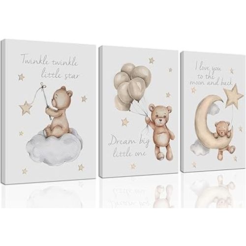 3Pcs Teddy Bear Wall Art Cute Little Bears Wall Decor Slepping Teddy Bears Posters Prints Moon Star Cloud Neutral Nursery Canvas Pictures for Kid's Room or Bedroom Painting Framed