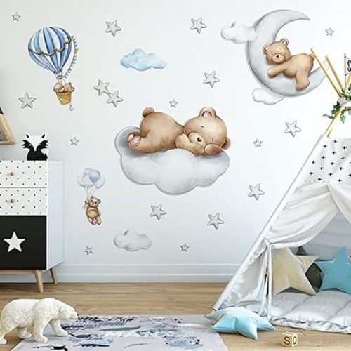 Baby Bear Sleeping Wall Decals Peel and Stick Cute Bear Stickers for Baby Toddler Kids Room Bedroom Nursery Playroom Decor