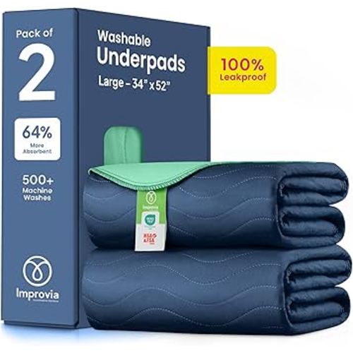 IMPROVIA® Washable Underpads, Heavy Absorbency Reusable Incontinence Pads for Kids, Adults, Elderly, and Pets, Waterproof Protection Floor (Navy & Green, 34"x52" (Pack of 2))