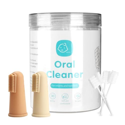 UHFi Baby Toothbrush Finger Toothbrush Oral Cleaner Kit with 5PCS Baby Tongue Cleaner Toddler Silicone Tooth Brush 0-6 Months 6-12 Months (Clay/Ivory+30PCS Toothbrushes)