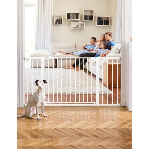 BABELIO 36-57" Extra Wide Baby/Dog Gate, Auto Close with Large Walk Thru Door,Safety for Pet, House, Stairs and Doorways, Pressure Mounted for Chlid, White