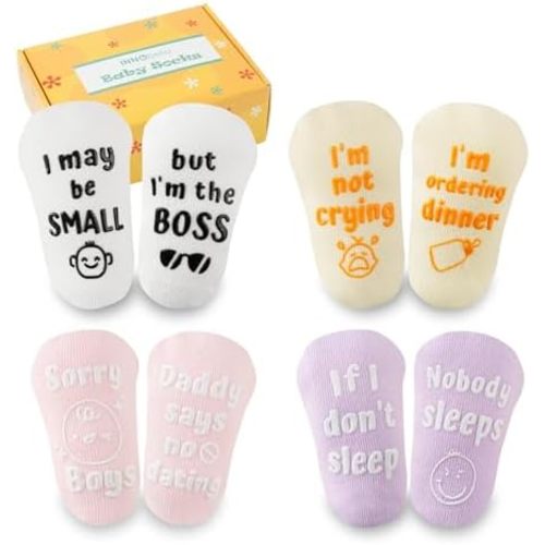 InnoBeta Baby Socks Set with Funny Quotes (4 Pairs) Newborn/Infant Socks for Baby Shower, Gender Reveal 3-12 Months