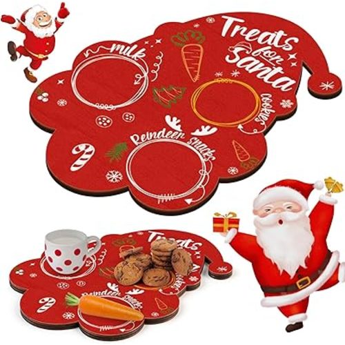 Santa Cookie Plate Christmas Wooden Treat Tray Platter Mat Xmas Eve Table Decorations Milk and Candy Board for Kids Christmas Party Supplies