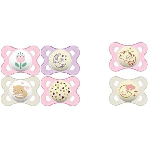 MAM Pacifiers 0-6 Months 4-Pack with Glow-in-Dark + 2-Pack Self-Sterilizing Case and Night Pacifiers for Baby Girl