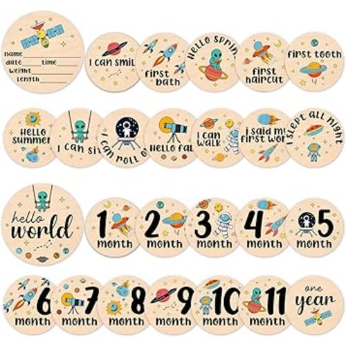 Baby Milestone Cards - Space Adventure Baby Monthly Milestone Signs, Rocket & Planet Wooden Signs Discs for Photo Props, "Hello" Newborn Announcement Sign with Astronaut,Baby Shower/Gift Set(13pcs)