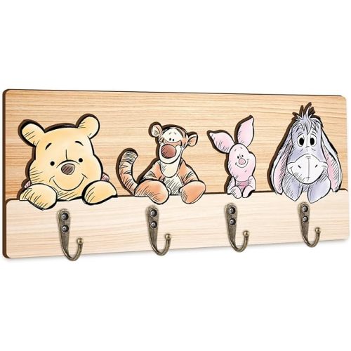 Winnie Nursery Bathroom Bedroom Wall Decor, Wooden Hanger Rail with 4 Pegs,The Pooh Tigger Eeyore Wall Hooks, Winnie Nursery Hook Cute Towel Hanger, The Pooh Home Decoration for Kids Room