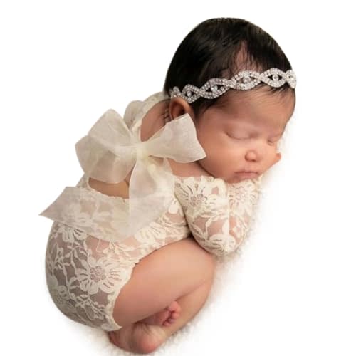Newborn Photography Prop Girls Outfits Newborn Lace Romper with Headband Infant Princess Costume