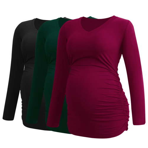 V Neck Long Sleeve Pregnancy Tops Shirts Maternity Clothes for Women 3-Pack
