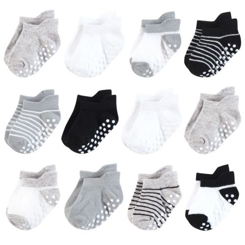 Hudson Baby Infant Boy Non-Skid No-Show Socks, Black Gray Stripes, 0-6 Months