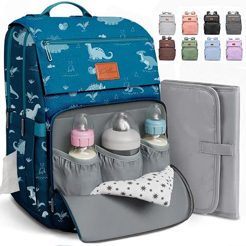 PILLANI Baby Diaper Bag Backpack - Large Waterproof Travel Diaper Bag for Boys & Girls, 16 Organizer Pockets with Changing Pad, Insulated Bottle Pockets & Stroller Straps, Baby Shower Gifts, Dinosaur