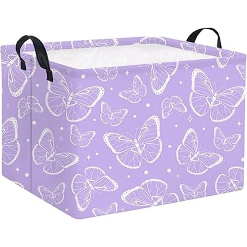 Rectangular Kids Storage Basket Baby Storage Basket with Handles for Home Kitchen Girls Cute Toy Storage Bin Organizer Shelf Book Room Decor(Purple Butterfly)