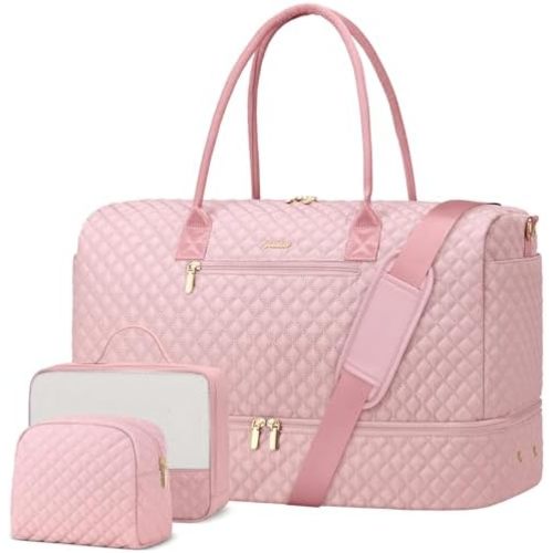 Travel Duffle Bag for Women Weekender Overnight Bag with Shoe Compartment with Gym with Wet Pocket for Labor and Delivery 3 Pcs Set Pink