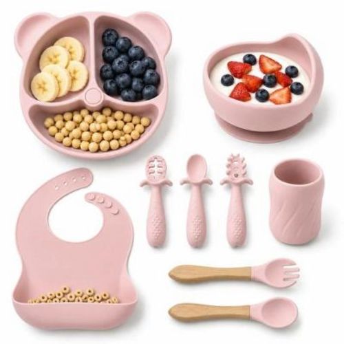 TUMAJUP Baby feeding utensil set, food grade silicone baby spoon fork bowl set, BPA free soft baby feeding utensil set, anti slip baby eating set