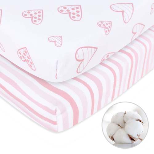 Pack n Play Sheet | Mini Crib Sheet - 2 Pack, 100% Jersey Cotton, Fits Graco Pack and Play, Pink & White