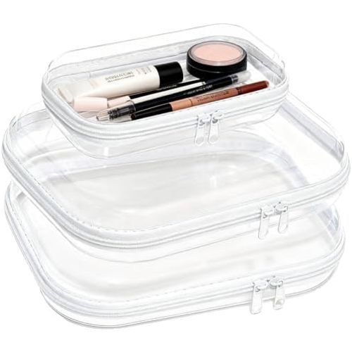 3PCS Clear Hard Plastic Zipper Case, Double Zippers Hard Pouch, Portable Travel Organizer Bin Clear Makeup Bag for Toy Storage, Snack Bag, Cosmetics, Pencil Case, Diaper Bag, Toiletry Bag