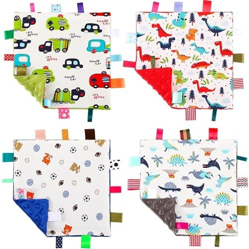 4 Pieces Baby Tags Security Blankets Security Blankets for Babies Baby Comfort Blanket with Colorful Tags Baby Soothing Towel Animal Bed Blanket, 9.5 x 9.5 Inch (Adorable Patterns)